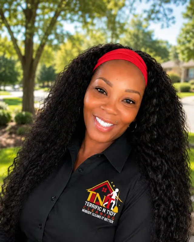 Natavia Zeigler, owner of Terrific N Tidy Cleaning, in her branded shirt